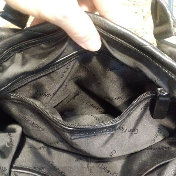 Calvin Klein Black Pebble Leather Convertible Satchel Shoulder Bag Buckle Accent - Picture 7 of 12